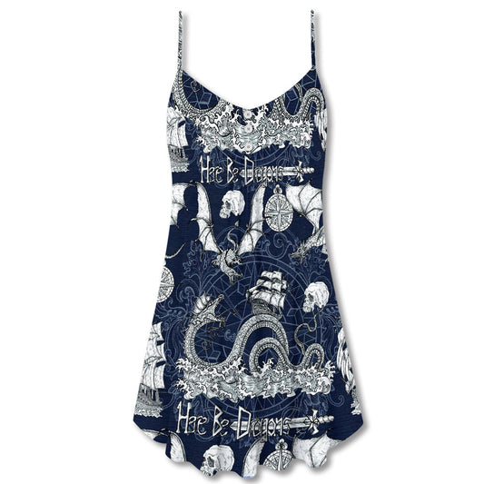 Dragon With Skull Vintage Sea Ship V-Neck Sleeveless Cami Dress For Summer Events And Comfortable Everyday Style