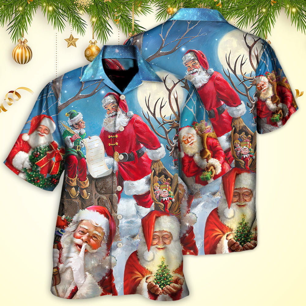 Funny Blue Santa Elf Christmas Sky Hawaiian Shirt Pattern View For Relaxed Warm Weather Outfits