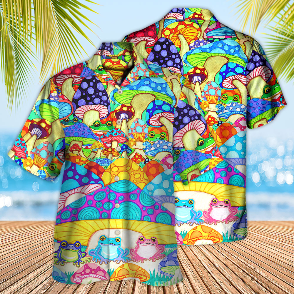 Bohemian Colorful Frog Mushroom Peace Hawaiian Shirt Design Detail For Beach Days And Holiday Travel