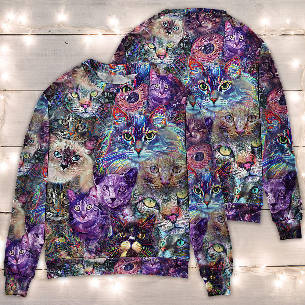 Cat Purple Trippy Sweater For Bohemian Style Festivals Travel And Casual Everyday Wear