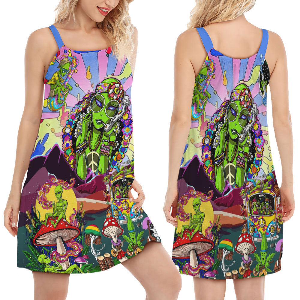 Hippie Alien Peaceful Spirit Color V-Neck Sleeveless Cami Dress For Music Festivals And Thoughtful Boho Gifting
