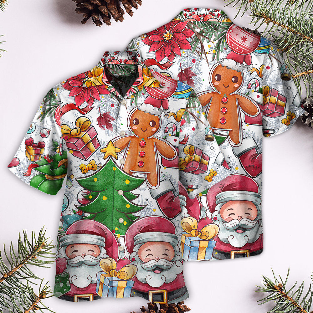Cute Christmas Santa Snowman Gingerbread Hawaiian Shirt Tropical Styling View For Casual Outings