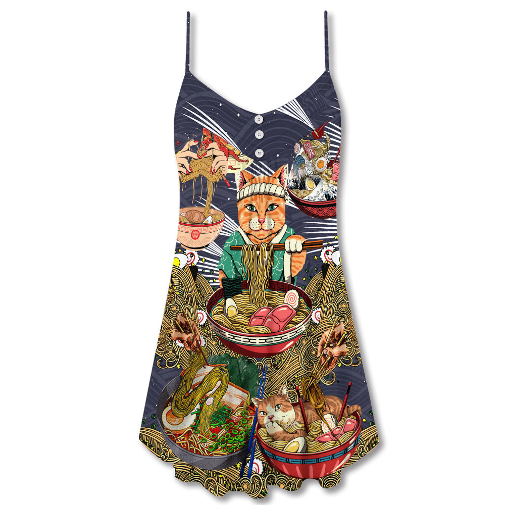 Cat Eating Ramen Lovely V-Neck Sleeveless Cami Dress For Summer Events And Comfortable Everyday Style