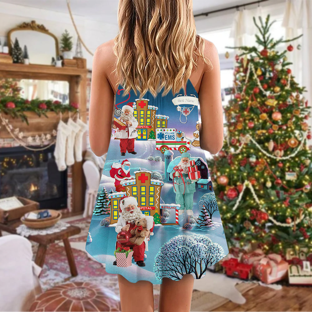 Christmas Healthcare Heroes Santa V-Neck Sleeveless Cami Dress For Summer Events And Comfortable Everyday Style