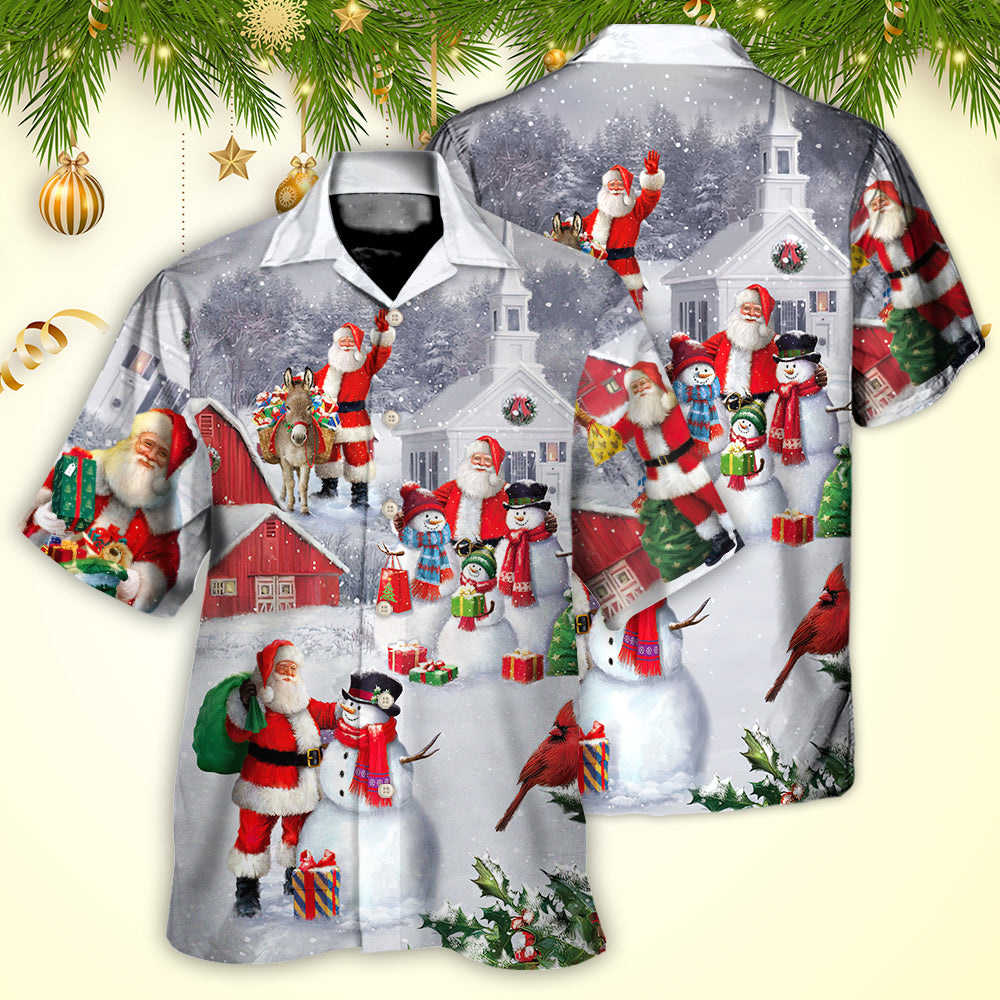 Christmas Santa Snowman Family Town Hawaiian Shirt Print Closeup For Resort Wear
