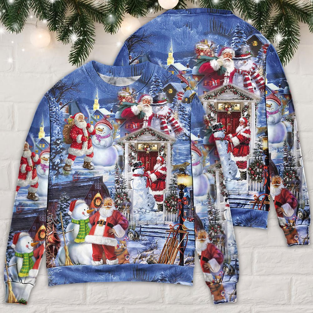 Santa And Snowman Happy Holiday Sweater For Winter Parties Seasonal Adventures And Relaxed Everyday Styling