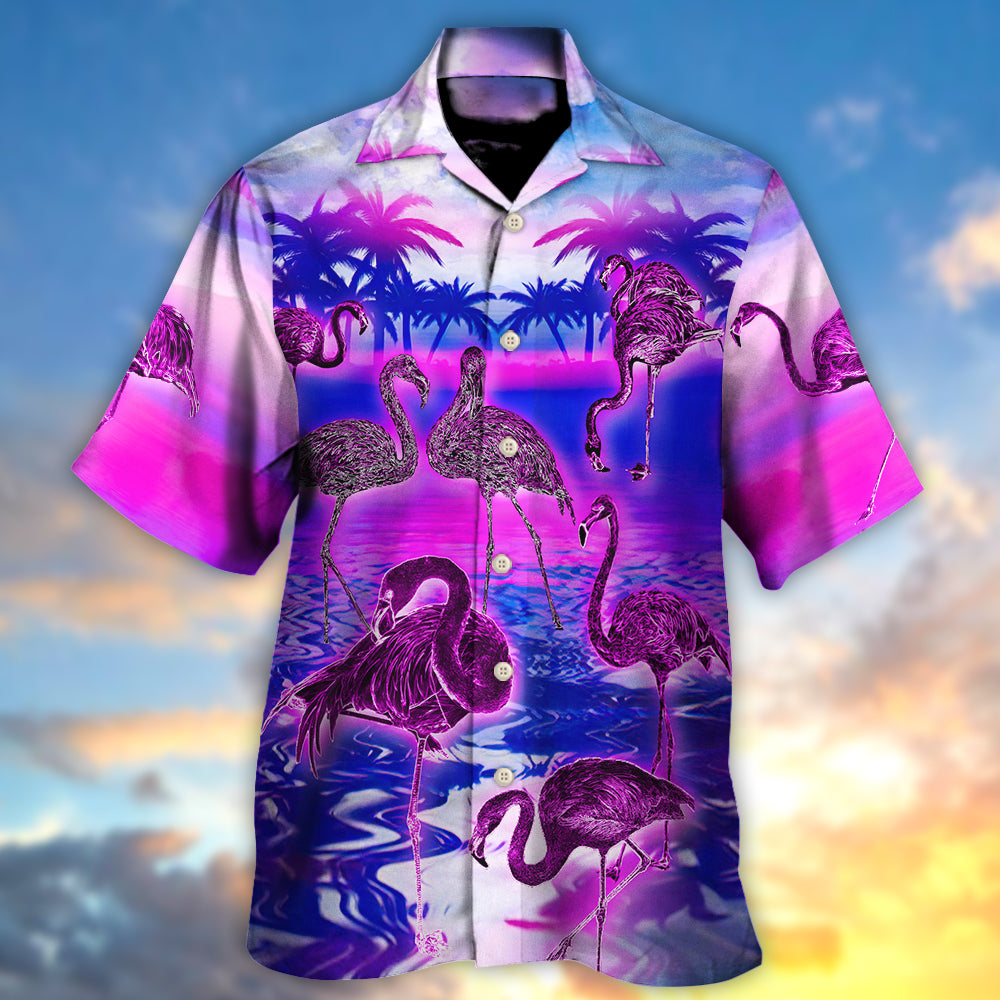 Flamingo Flock Pigeons Hawaiian Shirt Artwork Detail For Resort Trips And Outdoor Activities
