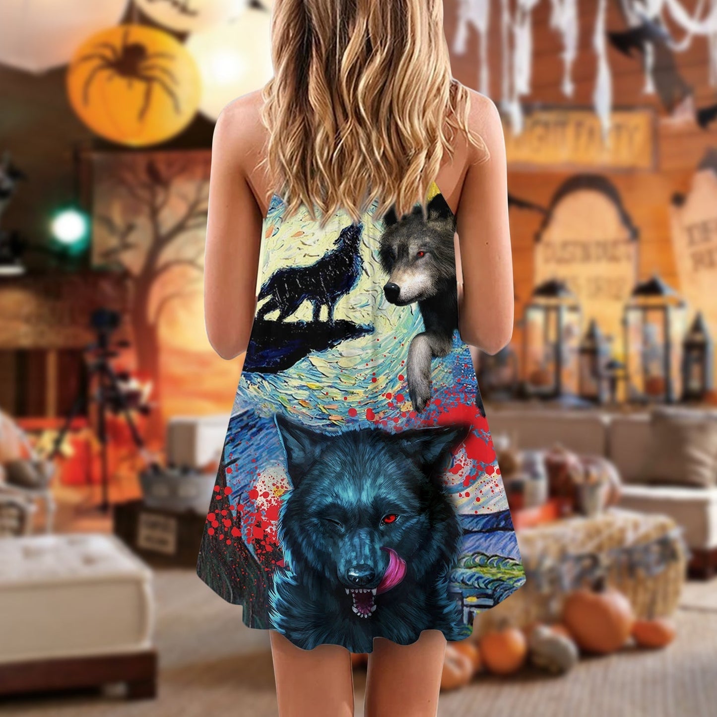 Halloween Black Wolf Starry Night Dark V-Neck Sleeveless Cami Dress For Vacations And Casual Warm Weather Wear