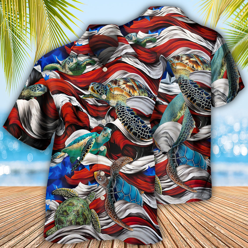 Patriotic Turtle Ocean American Flag Hawaiian Shirt For Vacation Days And Relaxed Coastal Outings
