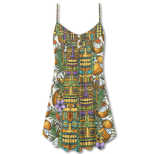 Tiki Tribal Mask Coconut Tropical – Women's Summer Sleeveless V-Neck Camisole Dress