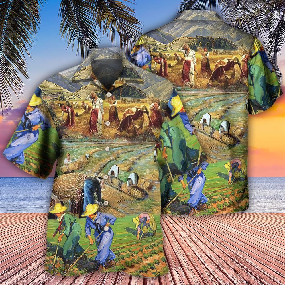 Farm Village Mountain Landscape Hawaiian Shirt Print Closeup For Tropical Vacations
