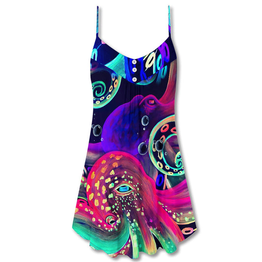 Neon Octopus Under The Sea – Women's Summer Sleeveless V-Neck Camisole Dress