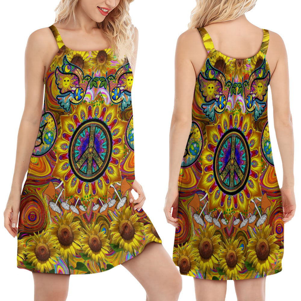 Hippie Sunflowers Love Sunshine V-Neck Sleeveless Cami Dress For Beach Travel And Free Spirited Outfits