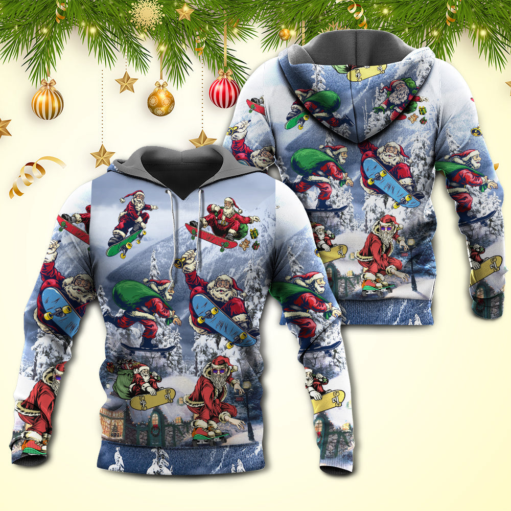 Santa Skateboard Snow Mountain Hoodie For Festive Celebrations Seasonal Trips And Relaxed Winter Wear