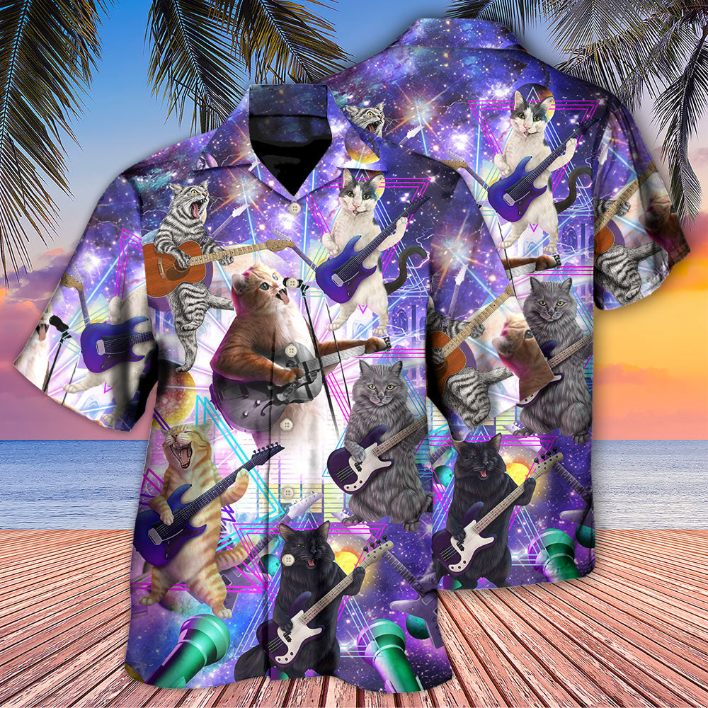 Cat Playing Guitar Galaxy Music Hawaiian Shirt For Coastal Adventures And Warm Weather Wear