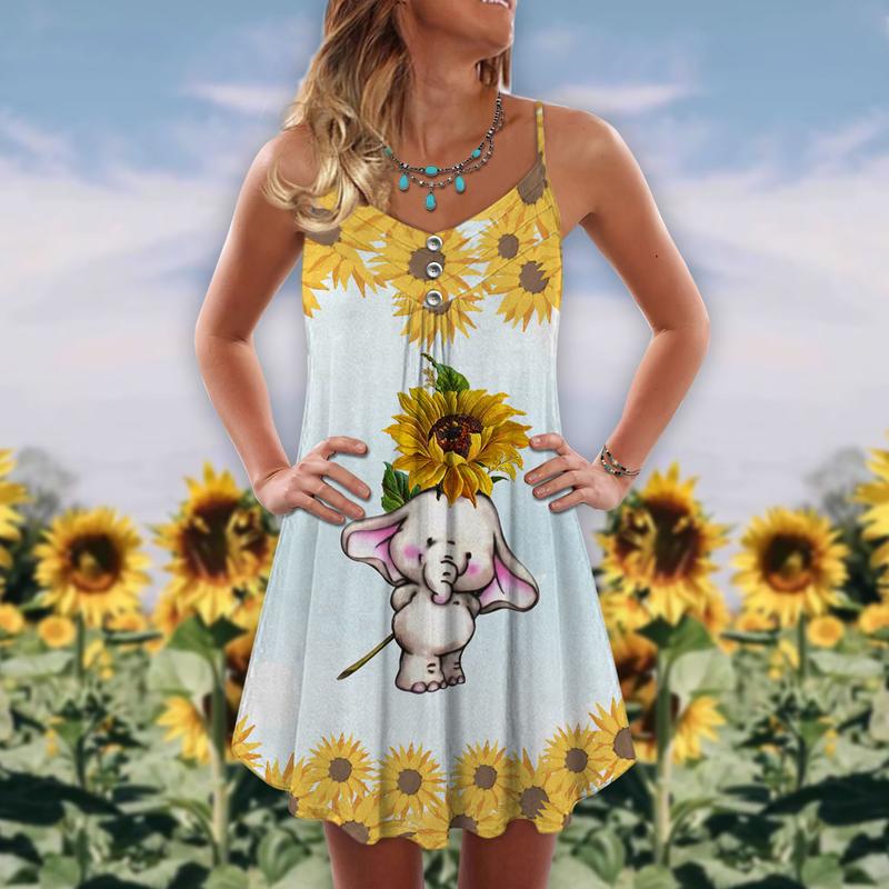 Elephant Loves Beautiful Sunflower V-Neck Sleeveless Cami Dress For Garden Parties And Relaxed Summer Wear