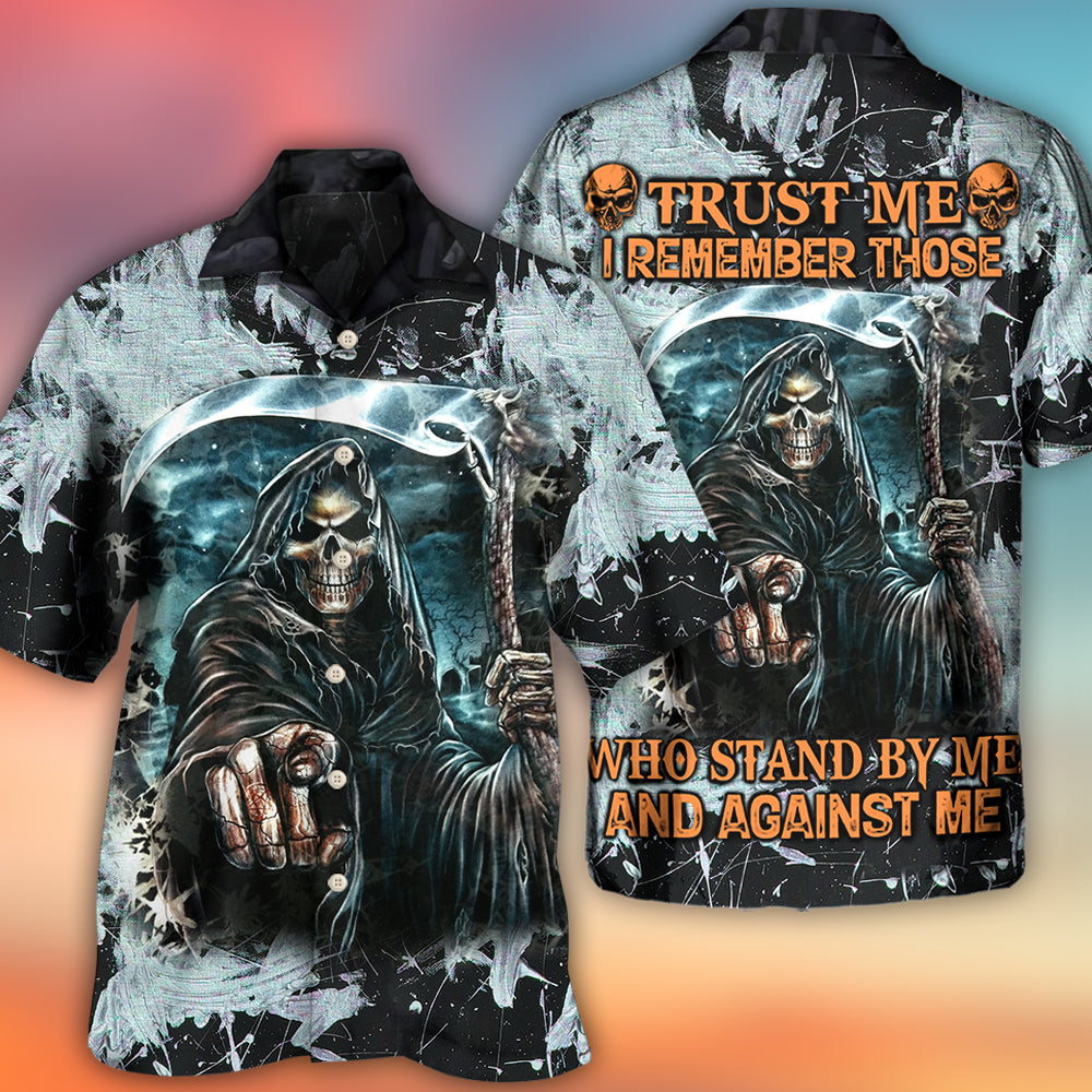 Dark Skull Death Scythe Hawaiian Shirt Pattern Detail For Vacation Travel And Daily Wear