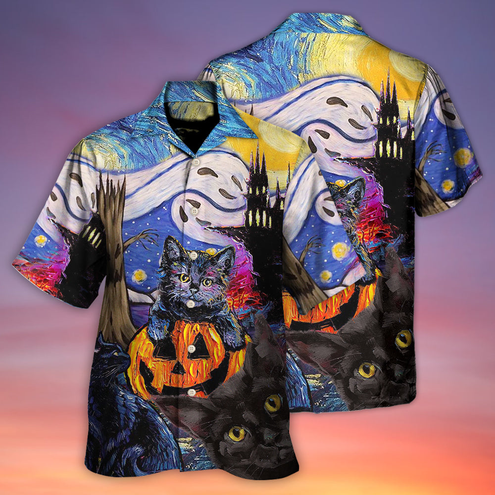 Black Cat Halloween Starry Night Hawaiian Shirt Design Detail For Sunny Adventures And Casual Wear