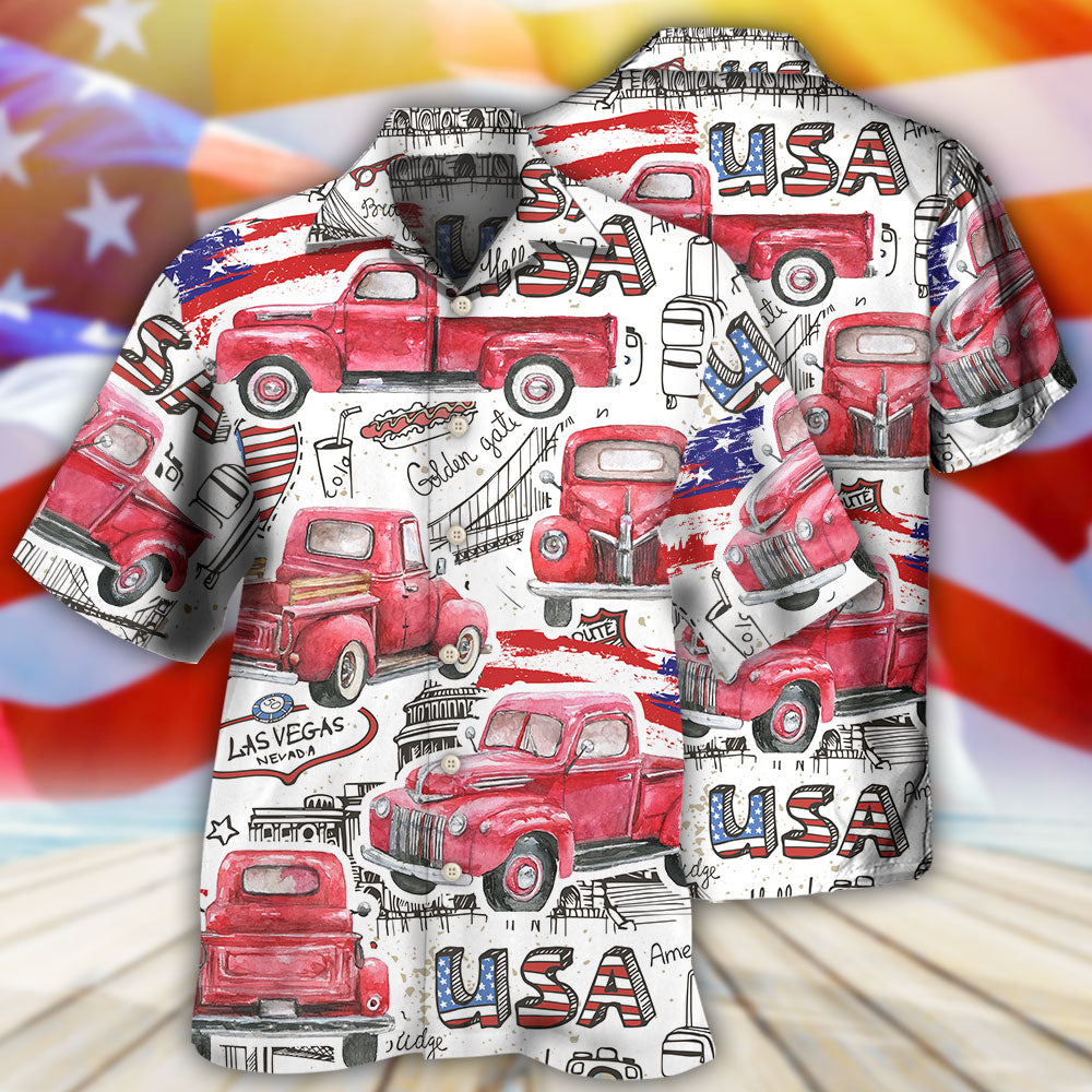 Red Truck USA Flag Independence Day Hawaiian Shirt Artwork Detail For Resort Trips And Outdoor Activities