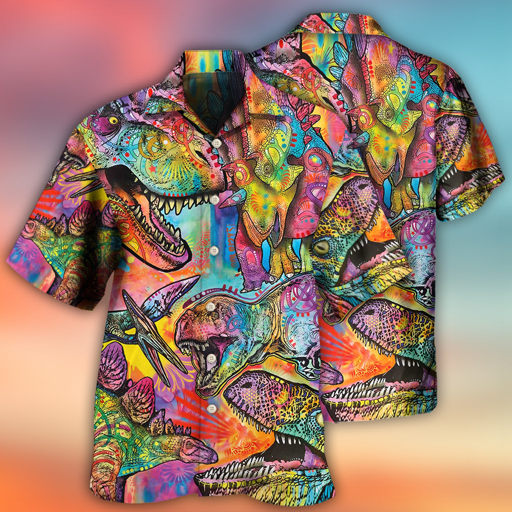Colorful Dinosaur Artistic Hawaiian Shirt Pattern View For Relaxed Warm Weather Outfits