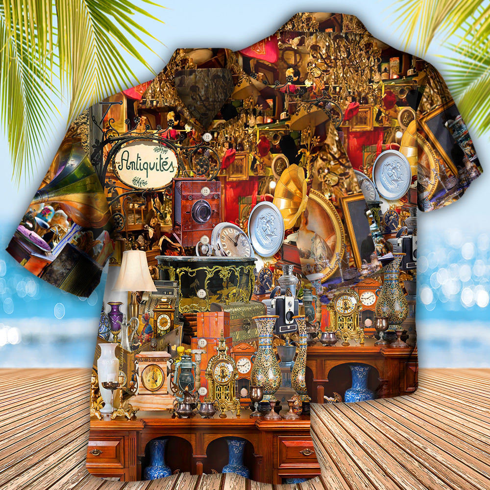 Vintage Creative Treasures Antique Collector Hawaiian Shirt For Summer Vacation, Beach Travel, And Casual Wear