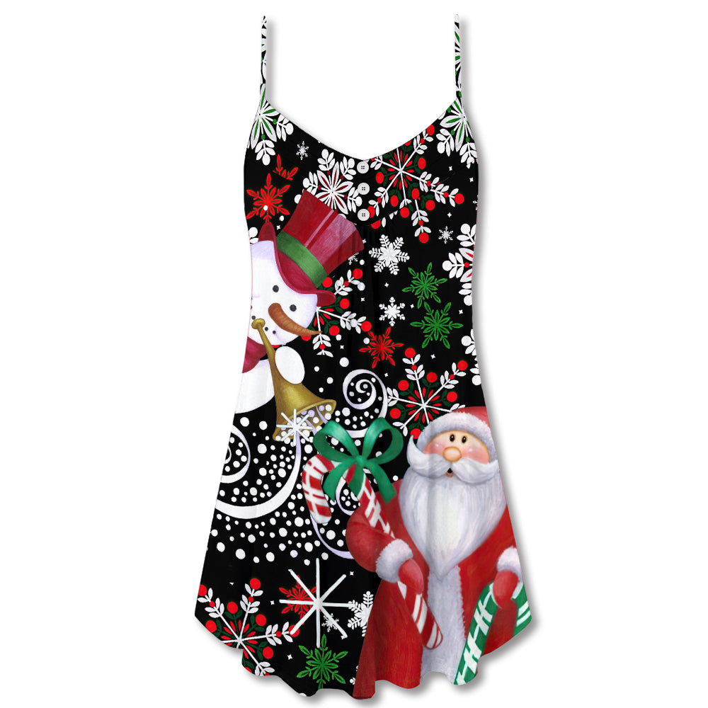 Snowy Day Santa Snowman V-Neck Sleeveless Cami Dress For Holiday Parties And Relaxed Vacation Wear
