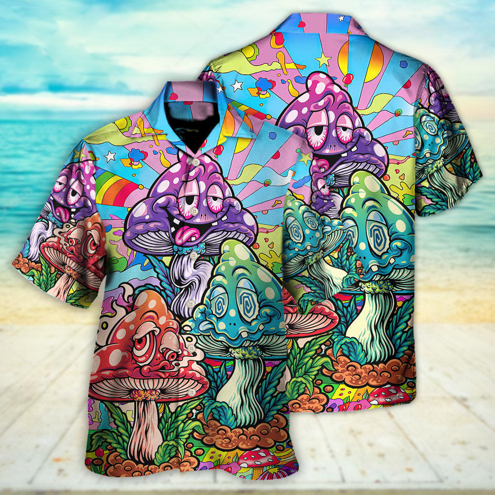 Bohemian Colorful Happy Mushroom Hawaiian Shirt Pattern Detail For Vacation Travel And Daily Wear