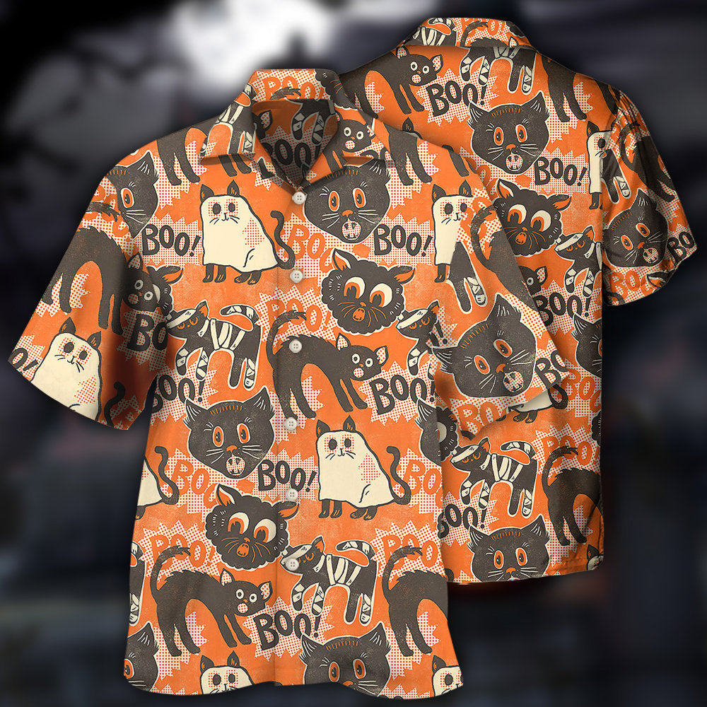 Halloween Cat Hawaiian Shirt Front Pattern View For Vacation Style