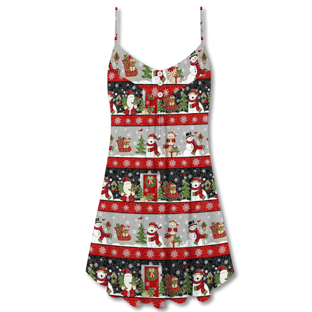 Santa And Snowman Joy V-Neck Sleeveless Cami Dress For Beach Trips Parties And Relaxed Warm Weather Style
