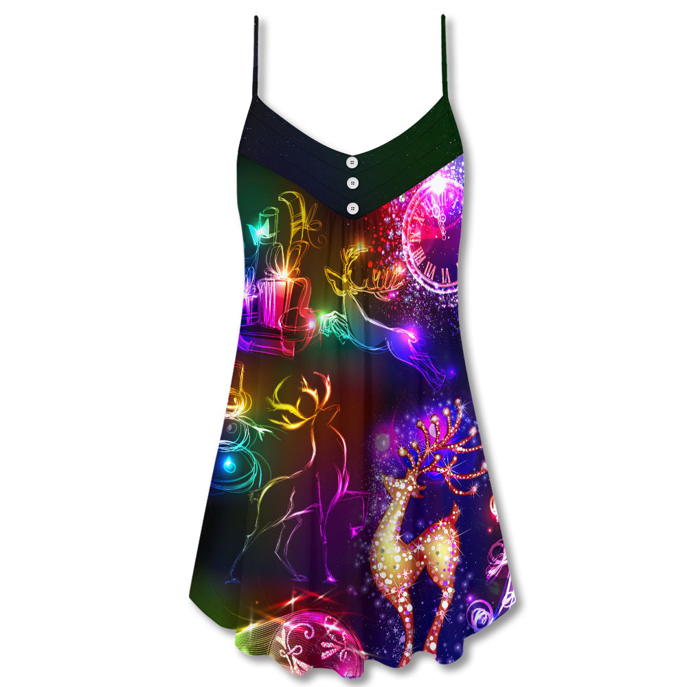 Neon Reindeer Bright Lights V-Neck Sleeveless Cami Dress For Festive Events And Casual Summer Styling