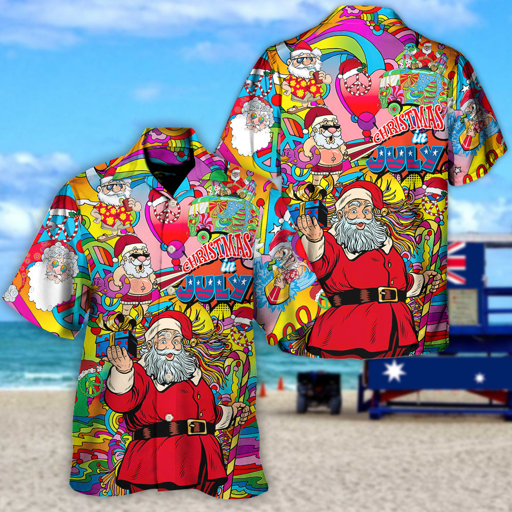 Summer Christmas July Santa Hippie Hawaiian Shirt For Winter Celebrations, Beach Travel, And Relaxed Holiday Wear