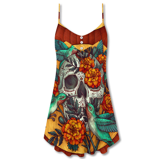 Floral Skull And Hummingbird – Women's Summer Sleeveless V-Neck Camisole Dress
