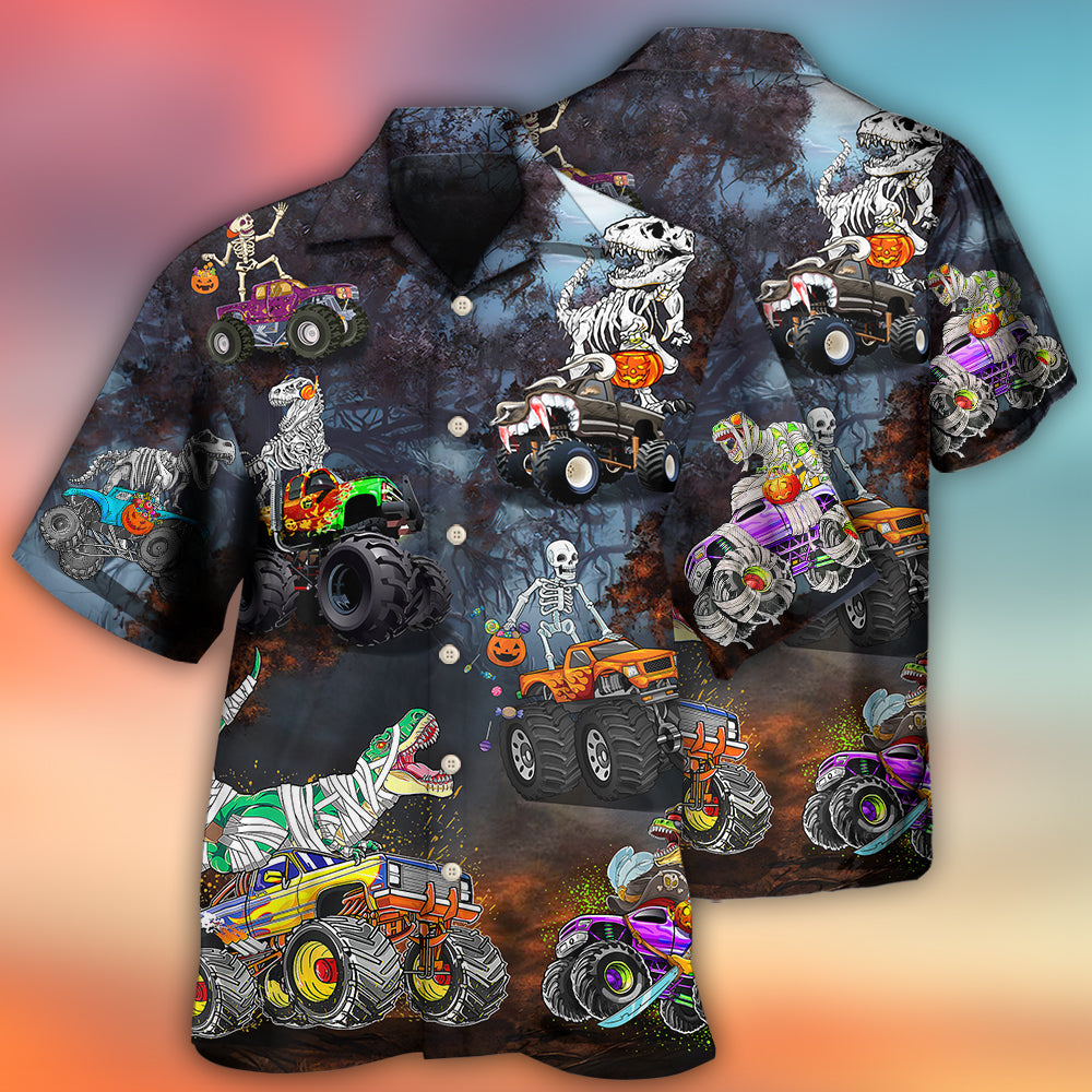 Dinosaur Skeleton Driving Monster Truck Hawaiian Shirt For Vacation Days And Relaxed Coastal Outings