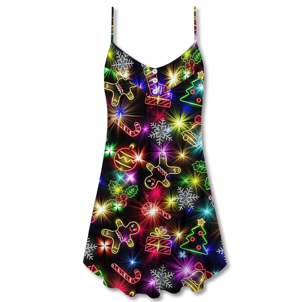 Christmas Tree Gifts Gingerbread Neon V-Neck Sleeveless Cami Dress For Vacations And Casual Warm Weather Wear