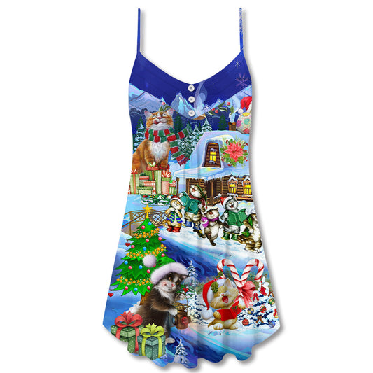 Christmas Cats Santa Love Gifts V-Neck Sleeveless Cami Dress For Festivals Travel And Relaxed Casual Summer Wear