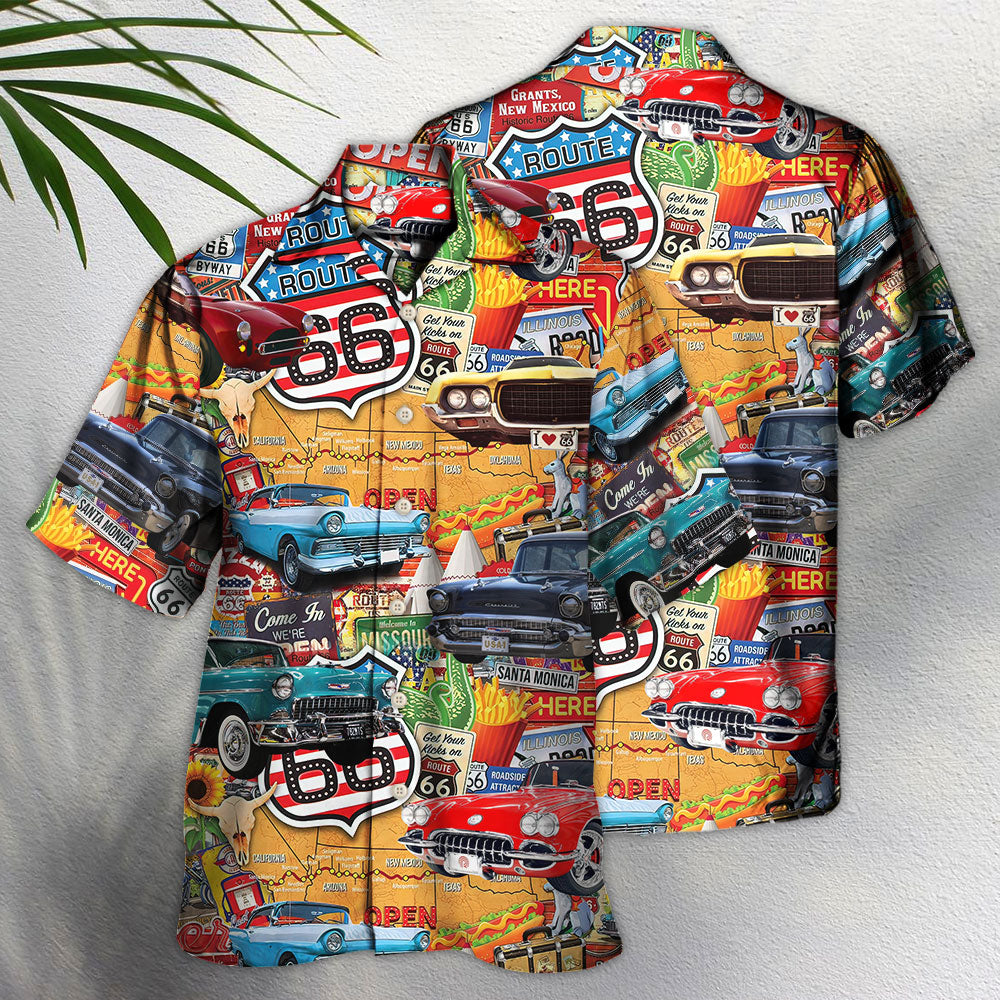 Vintage Historic Car Highway Road Hawaiian Shirt Pattern Detail For Summer Holidays And Outdoor Fun