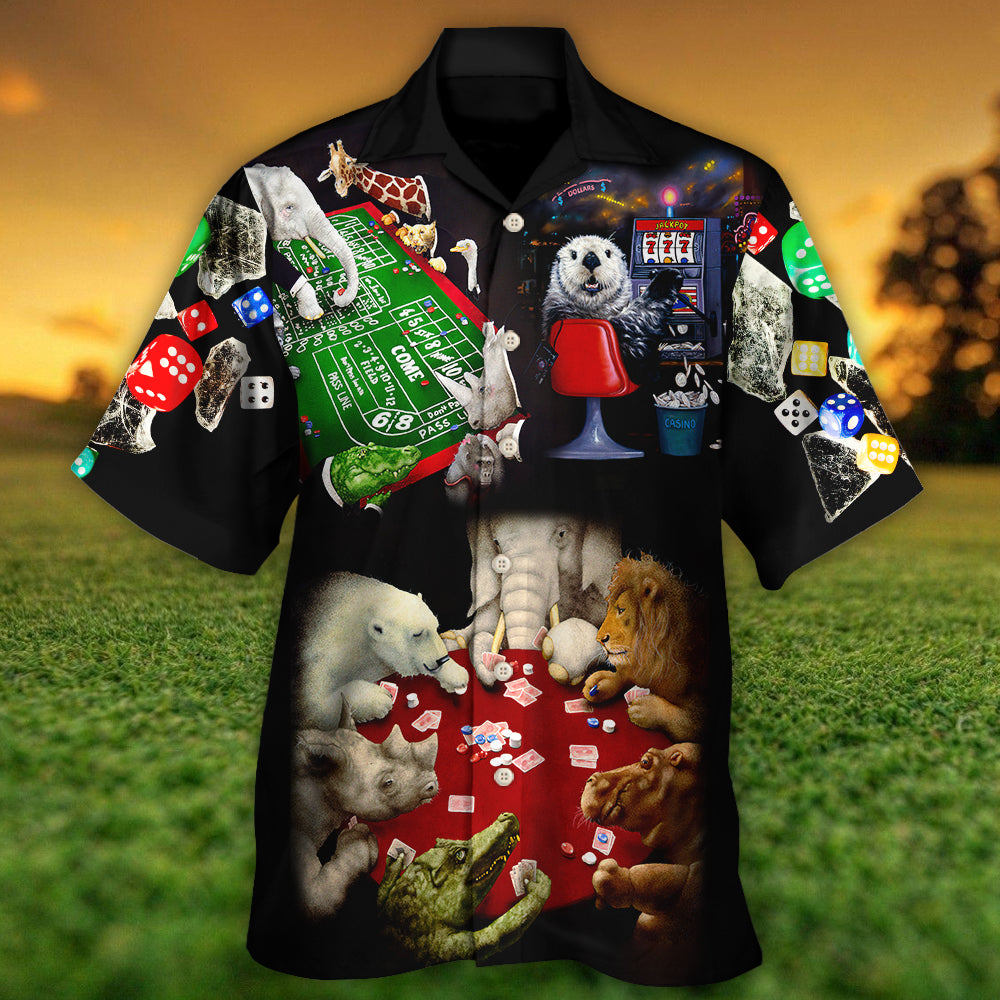 Casino Animals Gathered Craps Table Hawaiian Shirt Collar And Front View For Resort Wear