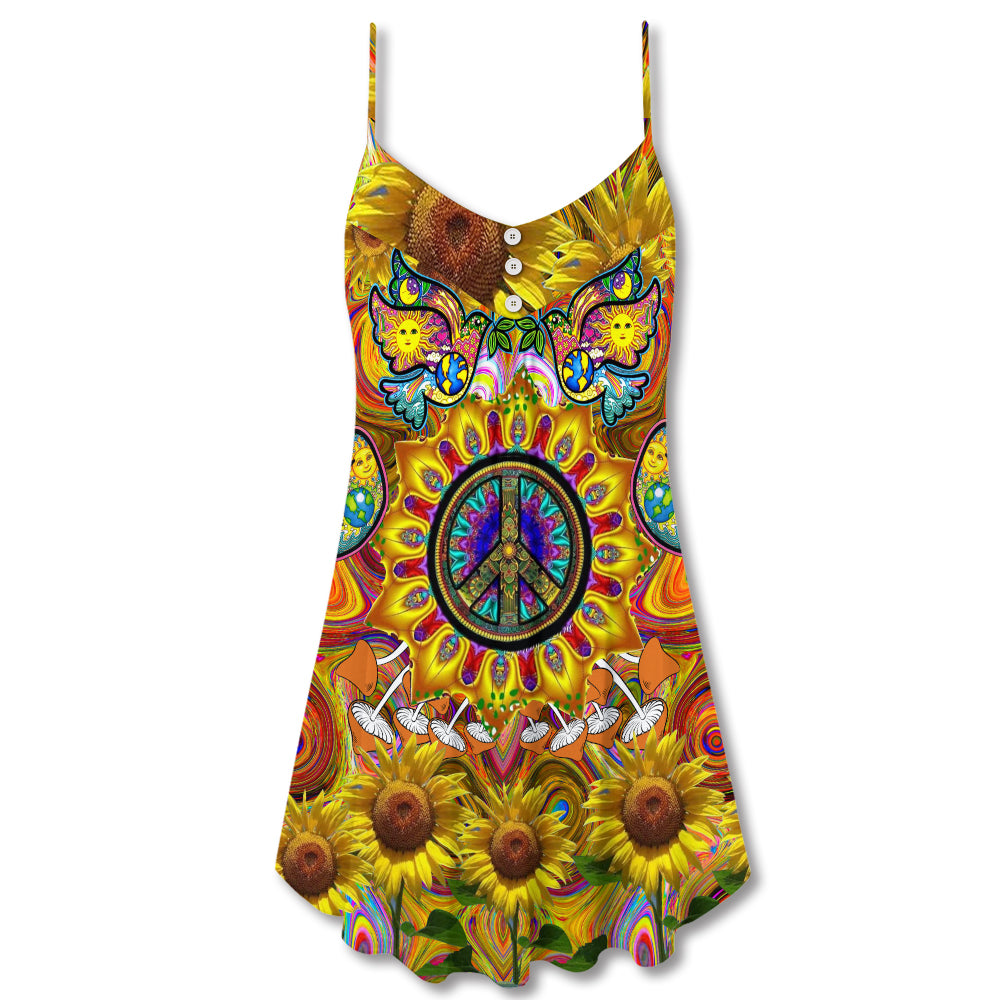 Hippie Sunflowers Love Sunshine V-Neck Sleeveless Cami Dress For Festivals Travel And Relaxed Casual Summer Wear