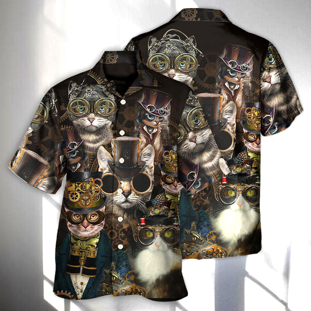 Steampunk Cat Machines Hawaiian Shirt Design Detail For Beach Days And Holiday Travel