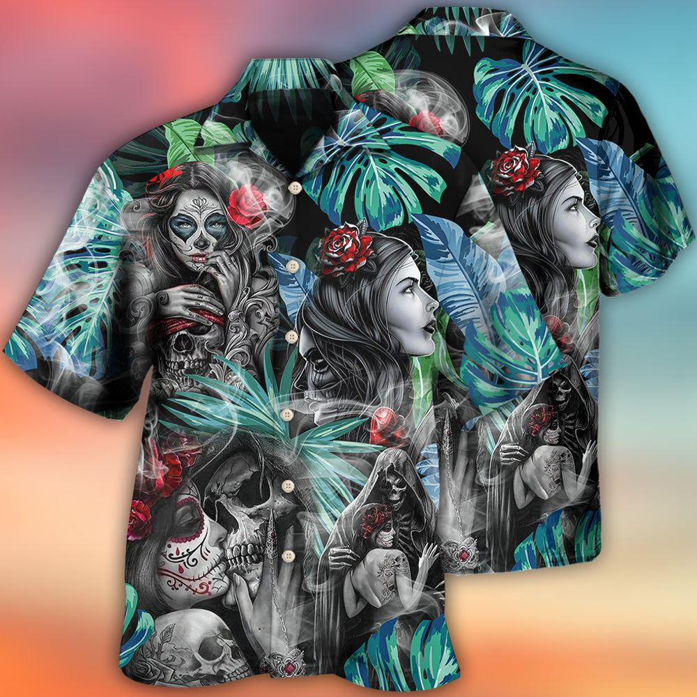 Tropical White Red Floral Skull Smoke Hawaiian Shirt For Vacation Days And Relaxed Coastal Outings