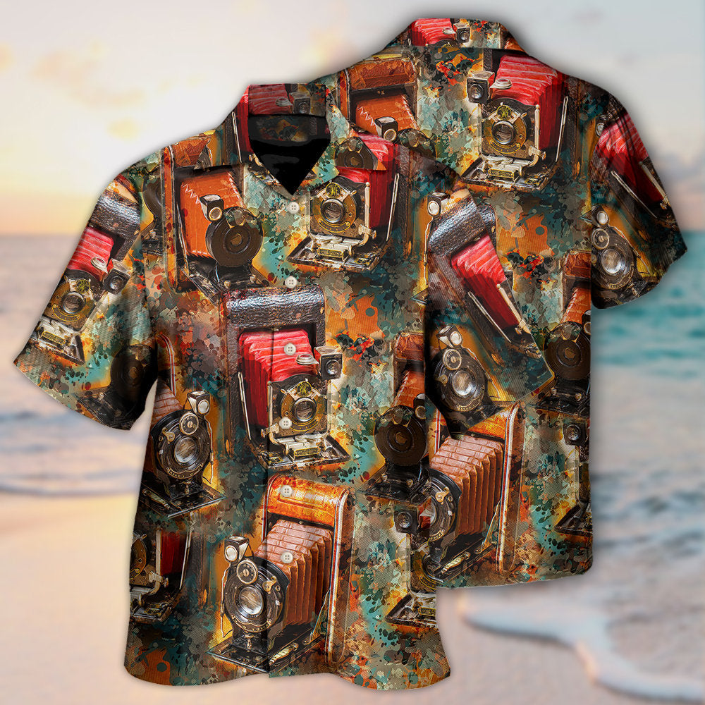 Vintage Retro Film Camera Photography Hawaiian Shirt Graphic Artwork Detail For Tropical Vacations