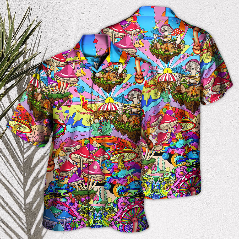 Psychedelic Hippie Mushroom Hallucinogenic Hawaiian Shirt Front Pattern View For Vacation Style