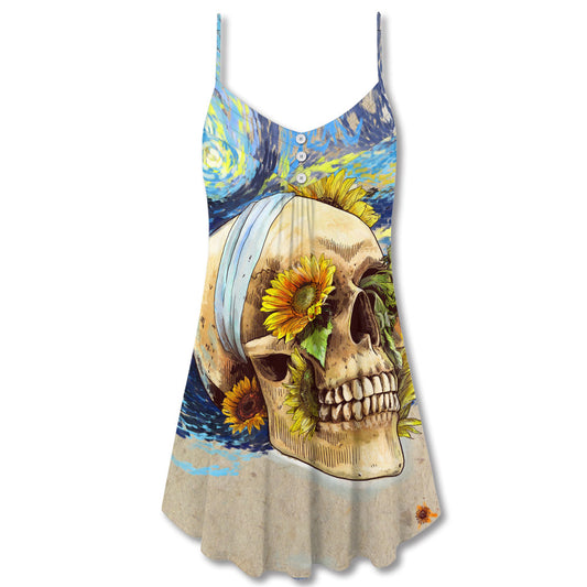 Skull And Sunflower Vintage Starry Night – Women's Summer Sleeveless V-Neck Camisole Dress