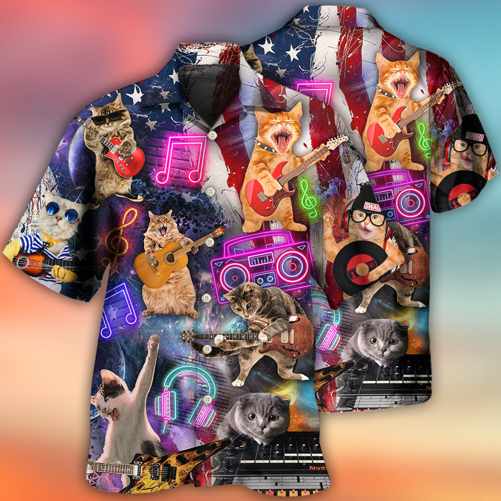 Patriotic Cat Rocker Celebration Hawaiian Shirt For Tropical Holidays, Outdoor Gatherings, And Everyday Comfort