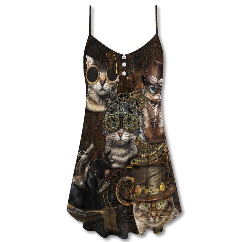 Steampunk Vintage Cat Style V-Neck Sleeveless Cami Dress For Summer Events And Comfortable Everyday Style