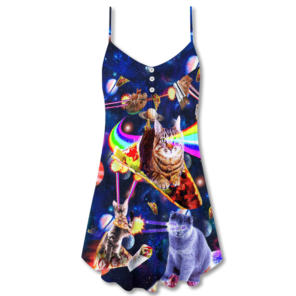 Space Galaxy Cat Ride V-Neck Sleeveless Cami Dress For Festivals And Imaginative Casual Styling