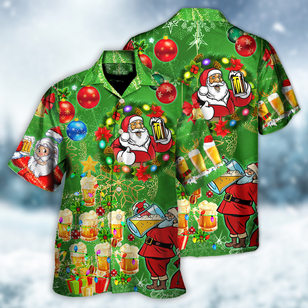 Funny Happy Green Christmas Drinking Beer Tree Hawaiian Shirt Design Detail For Beach Days And Holiday Travel
