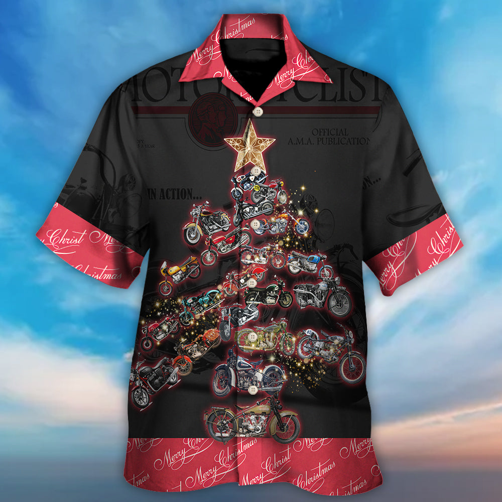 Retro Motorcycle Christmas Tree Hawaiian Shirt Pattern View For Lightweight Everyday Style