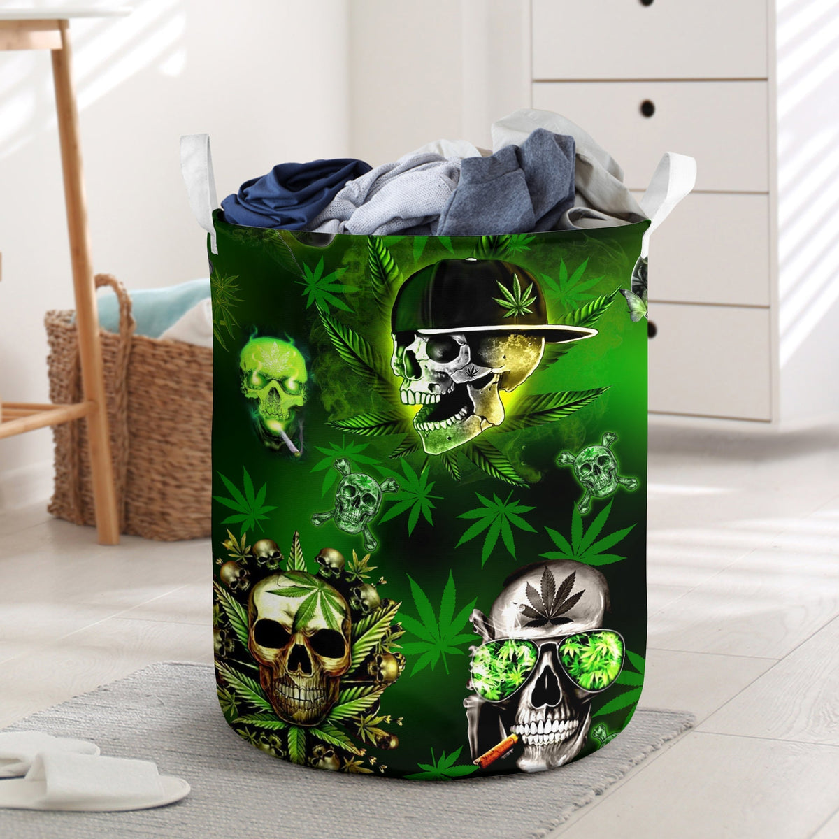 Green Skull Graphic Laundry Basket For Bathroom Bedroom Storage