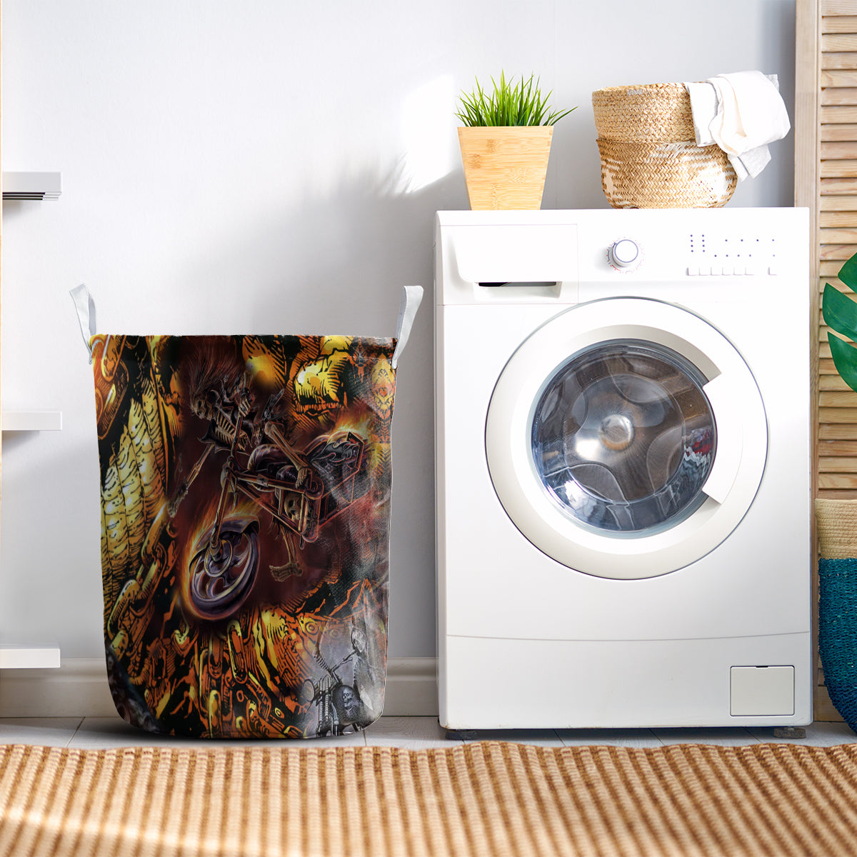 Skull Motorcycle Racing Fast Fire Laundry Basket For Clothes Toys And Blankets